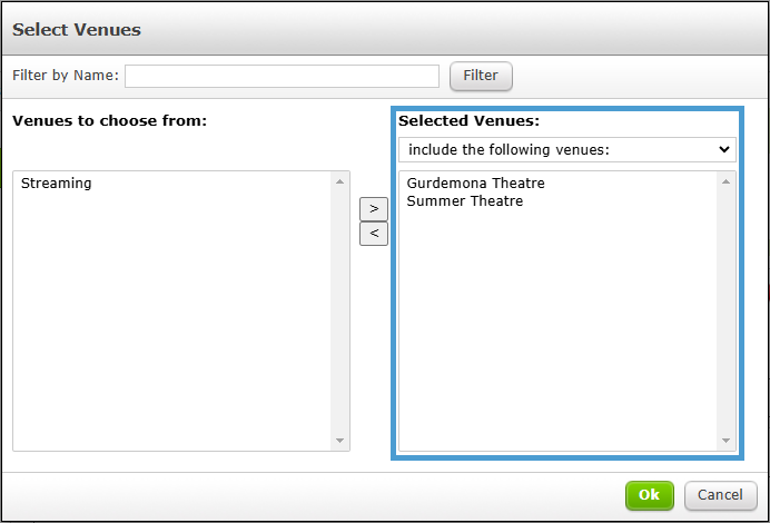 The Venues under Selected Venues on the right side of the screen.