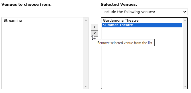 A highlighted Venue being removed from the Selected Venues list.
