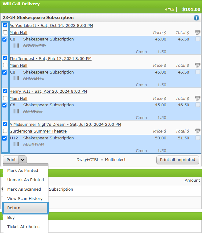Selecting Tickets in a Fixed Series Subscription to return and exchange.