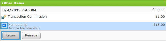 Selecting a Membership to return and exchange.