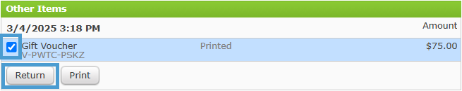 Selecting a Gift Voucher to return and exchange.