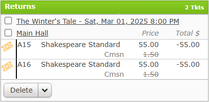 Tickets appearing under Returns.