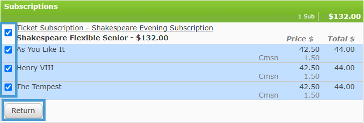 Selecting a Ticket Subscription to return and exchange.