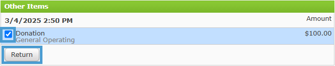 Selecting a Donation to return and exchange.