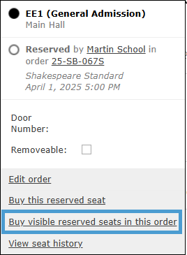 Options to buy the Seats from the Seating Plan.