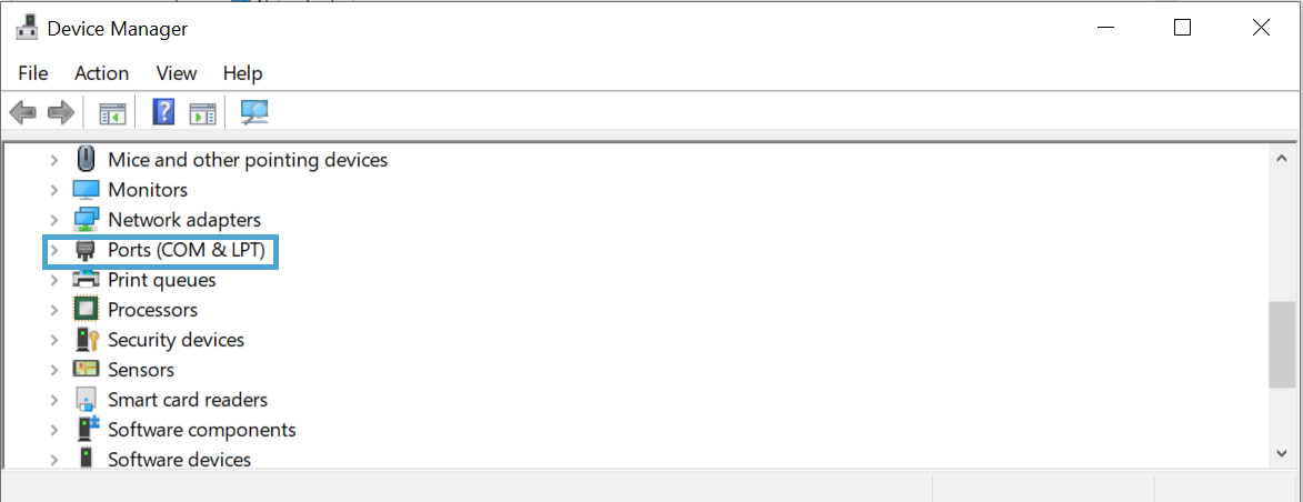 Ports (COM & LPT) in the Device Manager.