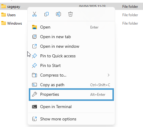 right click on sagepay folder showing right click contextual menu with run as administrator selected