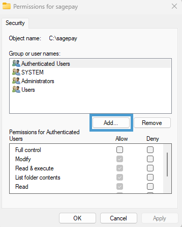 permissions for sagepay window with add button highlighted to add a new group