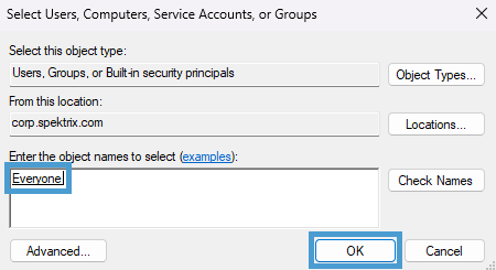 object name everyone entered with ok button highlighted to add the everyone group