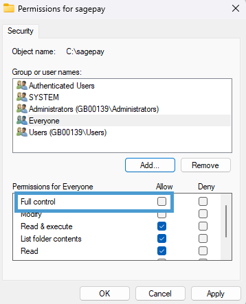 full control selected as permissions for everyone in the permissions for sagepay screen