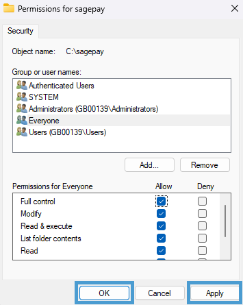 permissions for sagepay window with full control allowed for everyone group and apply and ok buttons highlighted