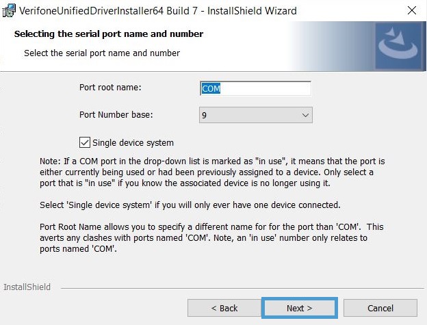 installshield wizard showing com9 port selected