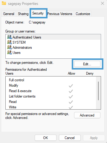 sagepay folder properties window with security tab selected and edit button highlighted to change permissions