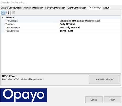 TMS settings tab in guardian configuration software
