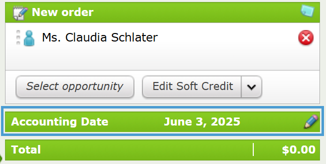 Accounting Date underneath the Customer Record in a transaction.