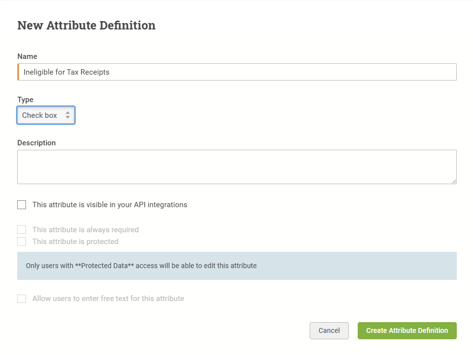 The New Attribute Definition screen for an "Ineligible for Tax Receipts" checkbox Fund attribute.