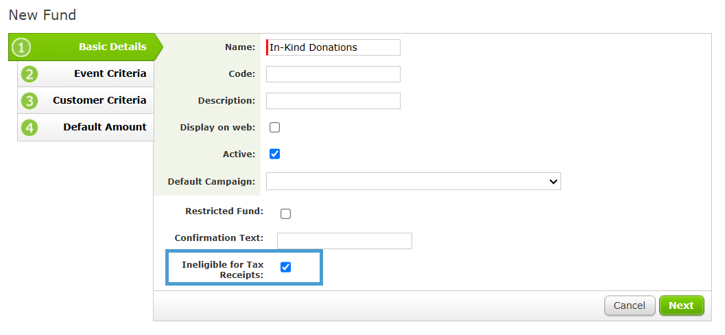 The "Ineligible for Tax Receipts" Fund attribute box checked in the In-Kind Donations fund setup screen.