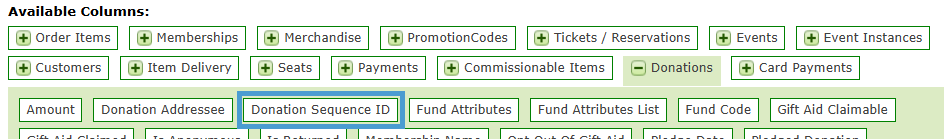 The Donation Sequence ID metric in the Donations wrapper in available output columns.