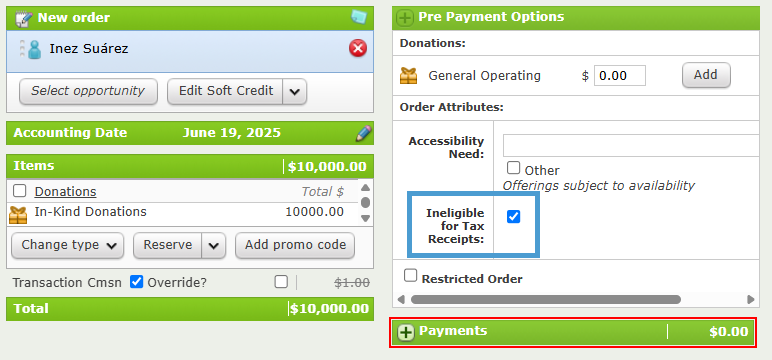An Order with the "Ineligible for Tax Receipts" Order attribute box checked.