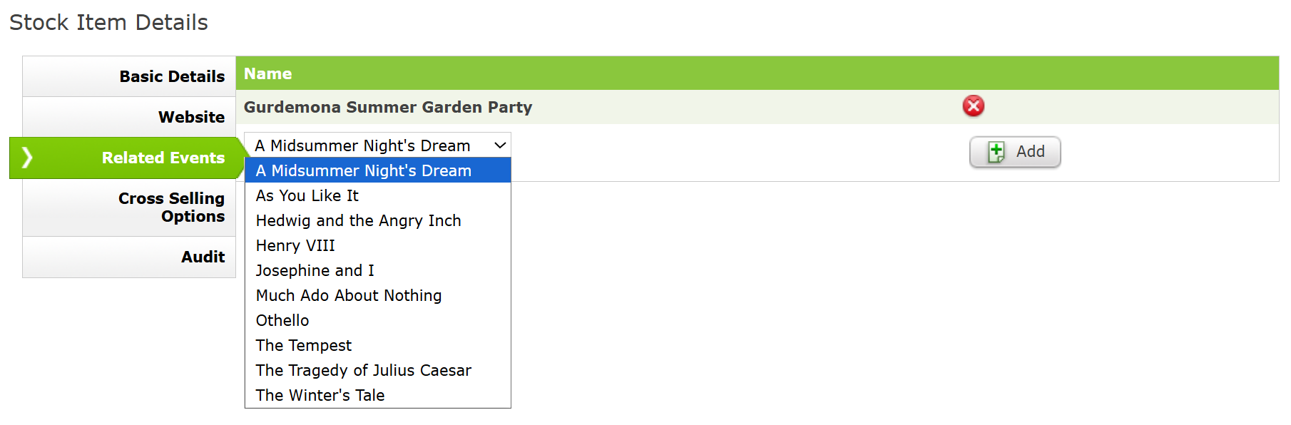 The Stock Item Details Related Events screen.