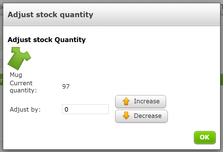 The Adjust stock quantity screen.