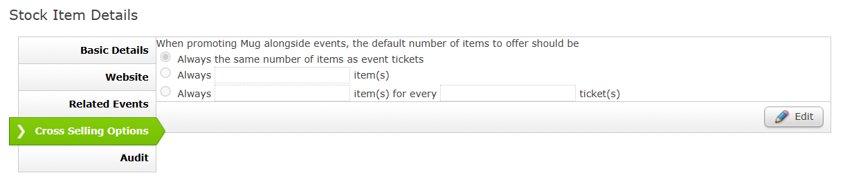 The Stock Item Details Cross Selling Options screen.