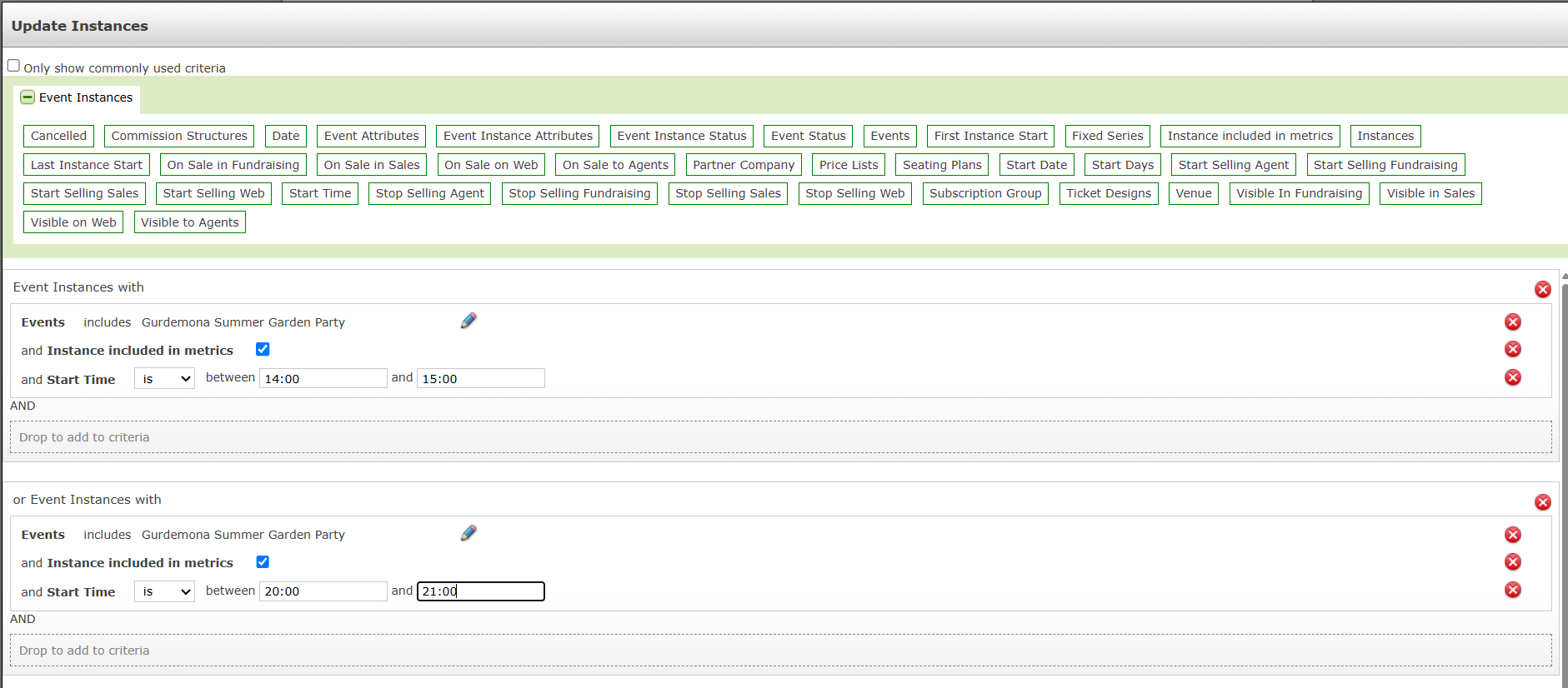 Selecting Instances for the Gurdemona Summer Garden Party with a start time between 14:00 and 15:00 or 20:00 and 21:00.