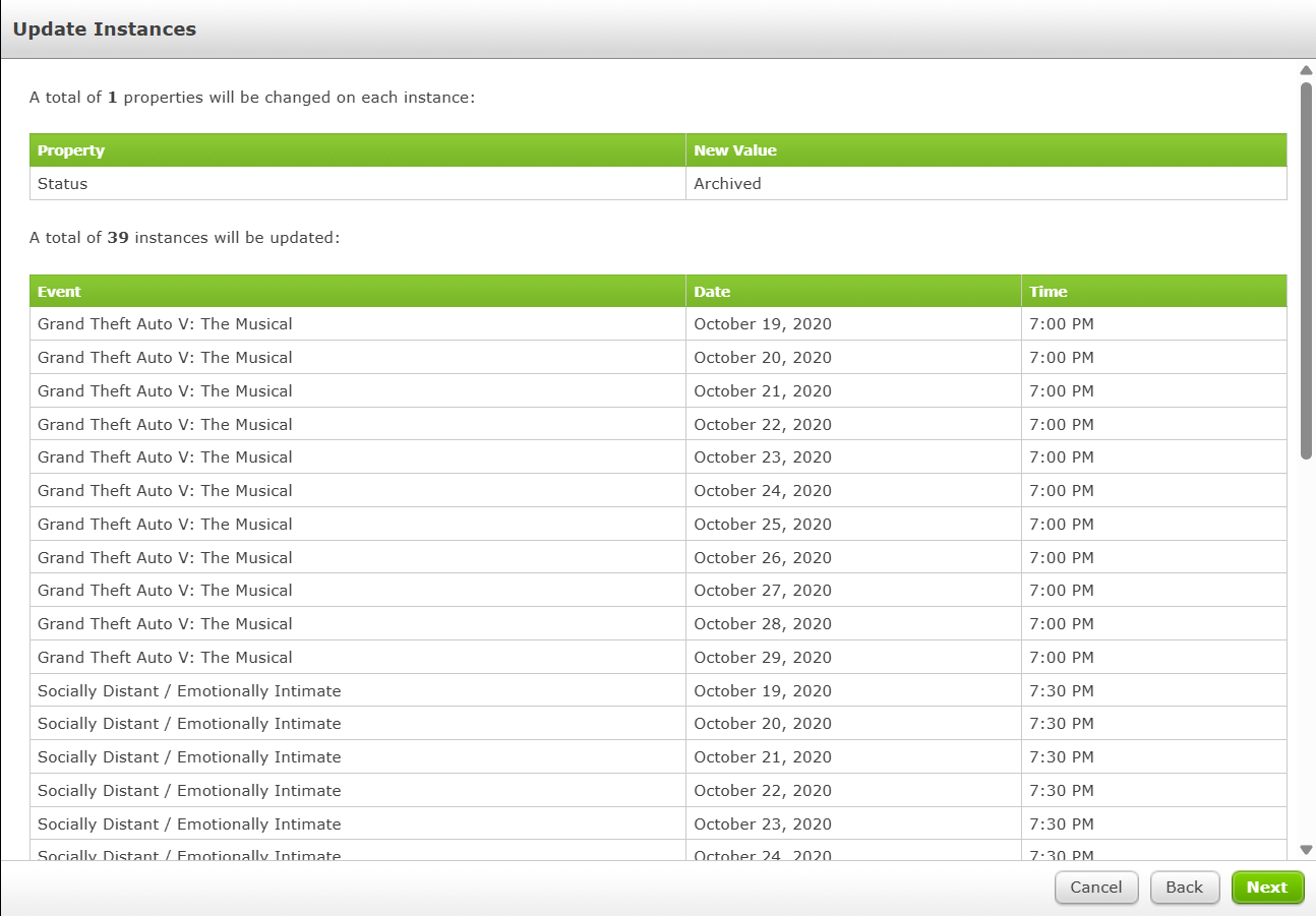 Preview the changes made to the following Instances.