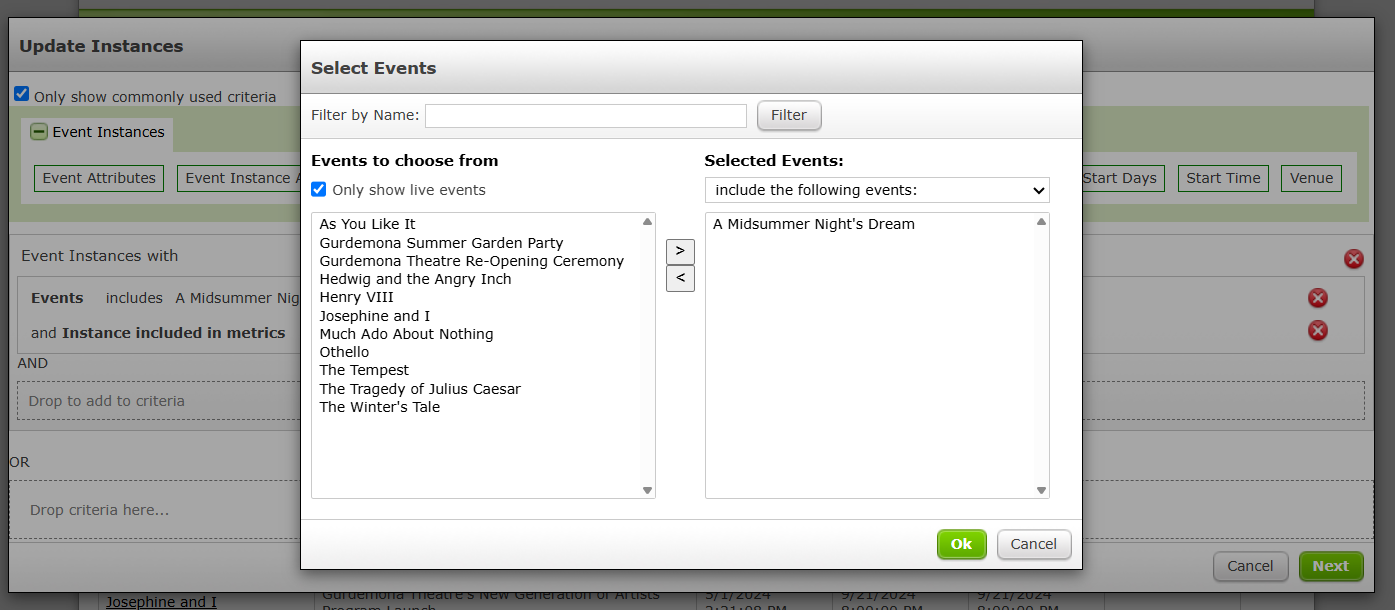 A Midsummer Night’s Dream selected using the Events Metric in Event Criteria.