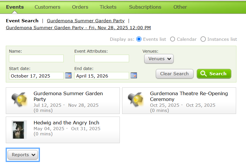 The Reports button on the Event Search screen.