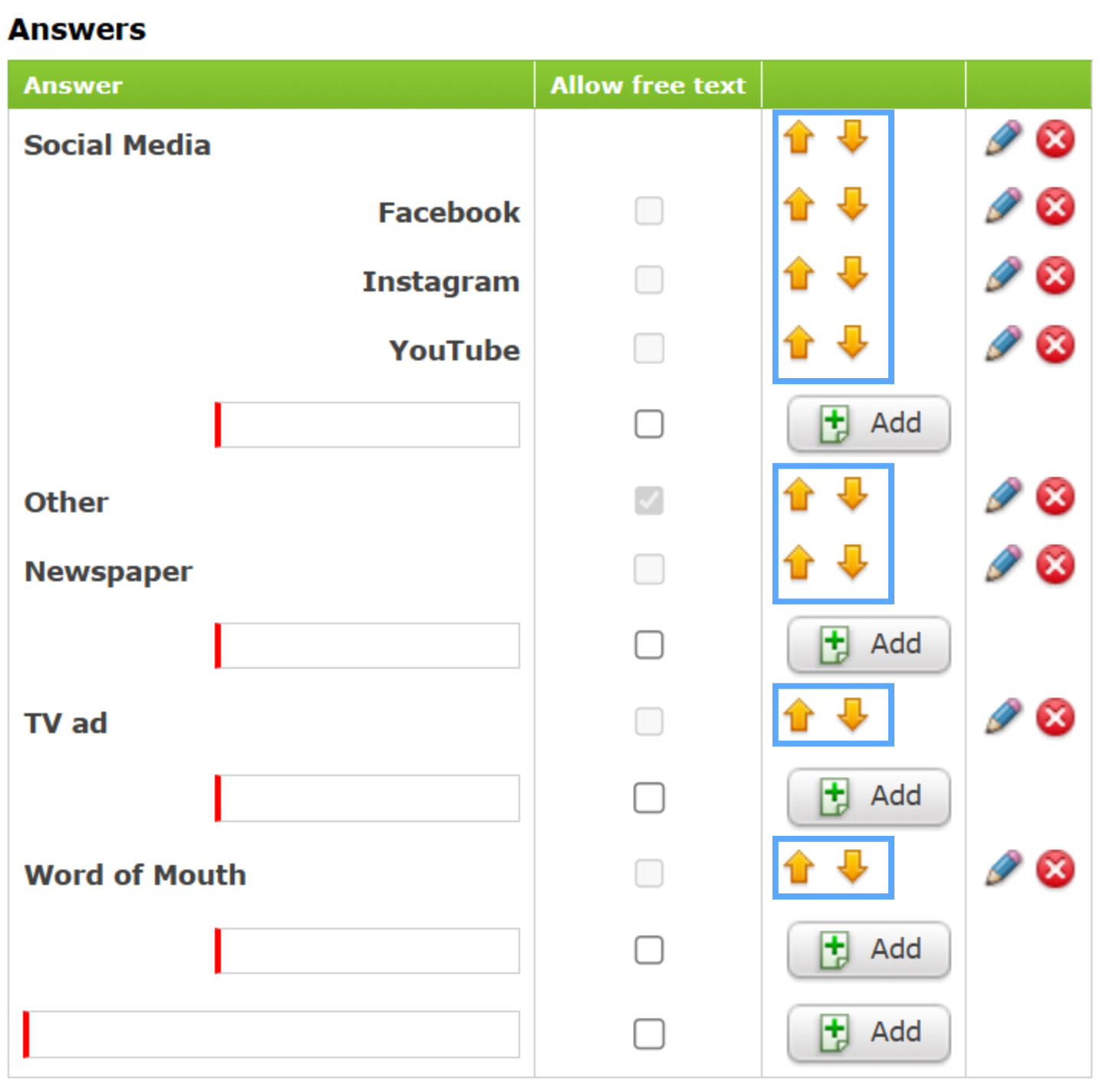 Up and down arrow buttons to reorder answers.