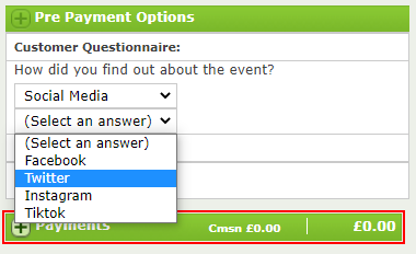 The Customer Questionnaire in the Pre Payment Options Tab.