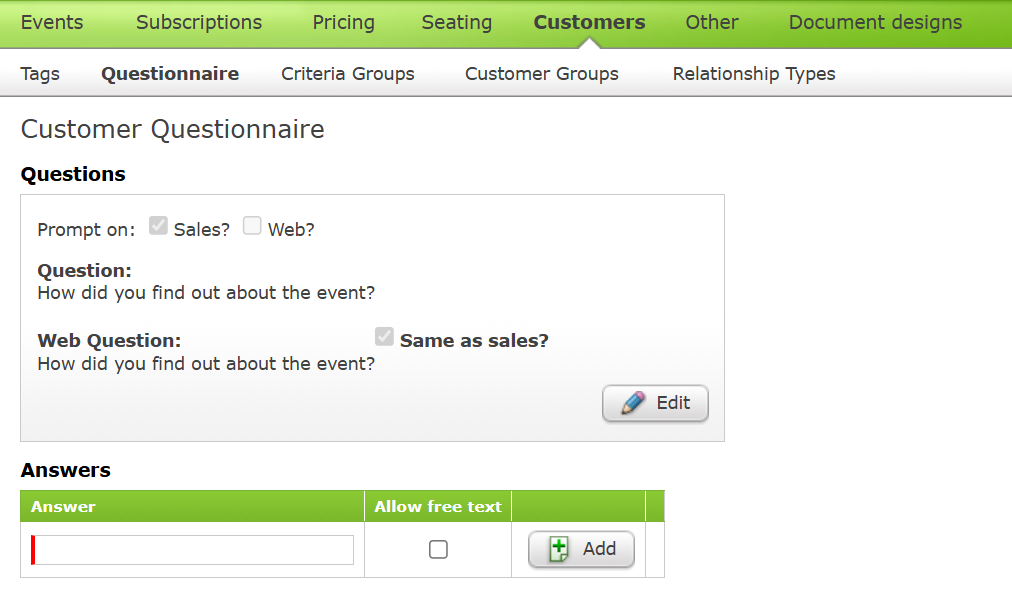 The Customer Questionnaire in the Admin Interface.
