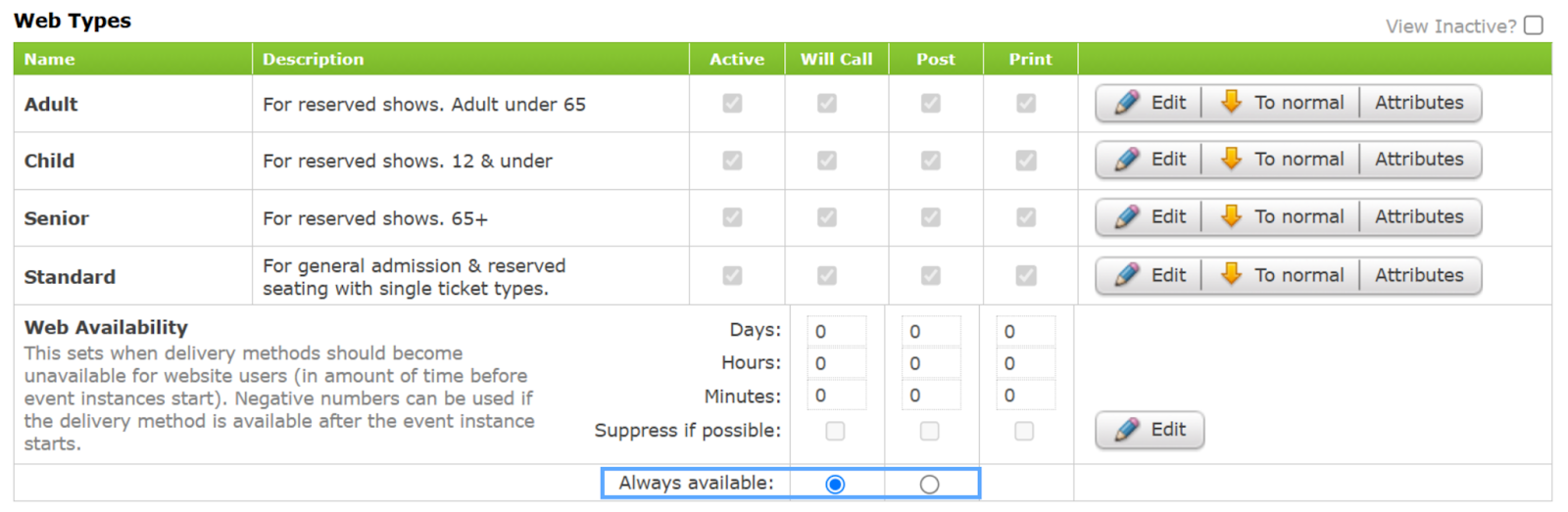 Setting the COBO/Will Call option as the default Ticket delivery method.