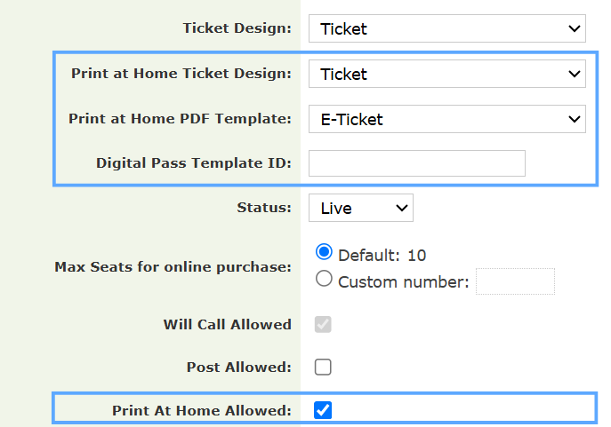 Setup for Print at Home Tickets only in Event Instance.