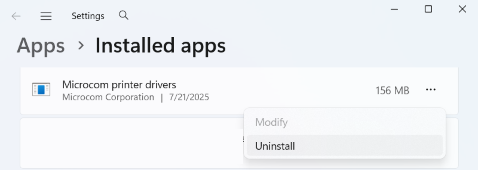 Uninstalling the Microcom printer drivers.