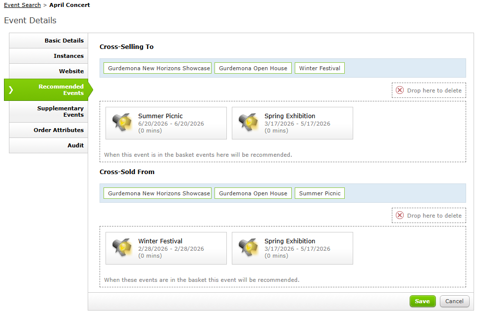 Example of different Events in each section of the Recommended Events tab.