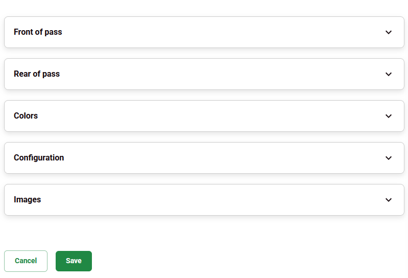 Different sections to configure for passes.