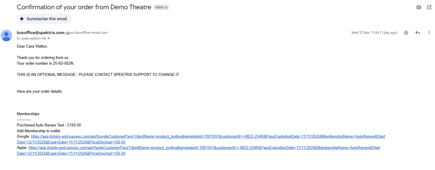 Example of an Order Confirmation email with links to the Digital Customer Passes.