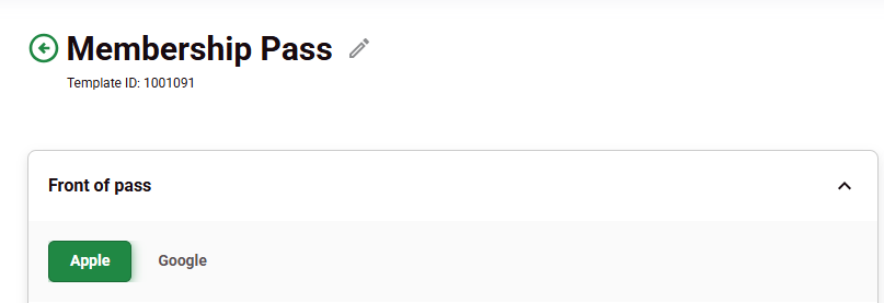 Pass design with buttons for Apple and Google devices.