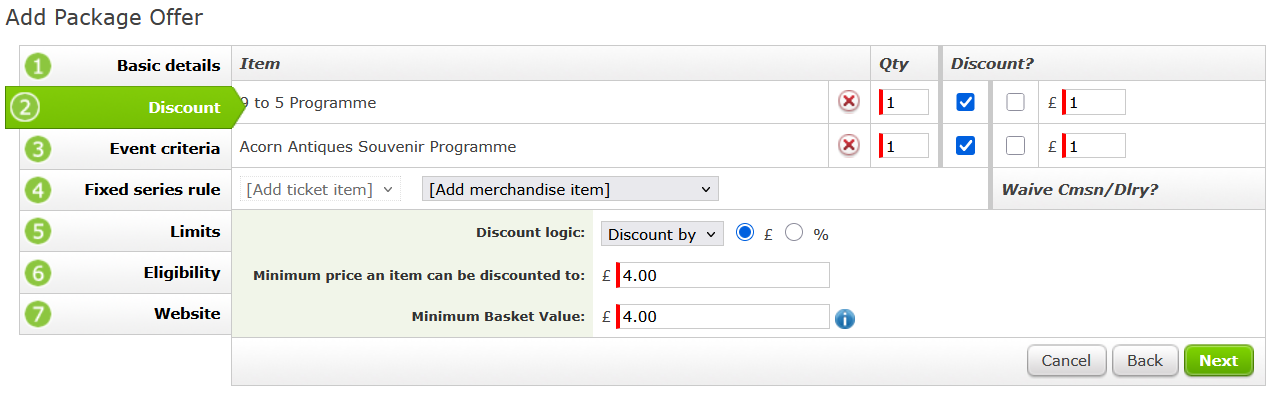Add Package Offer Discount setup screen