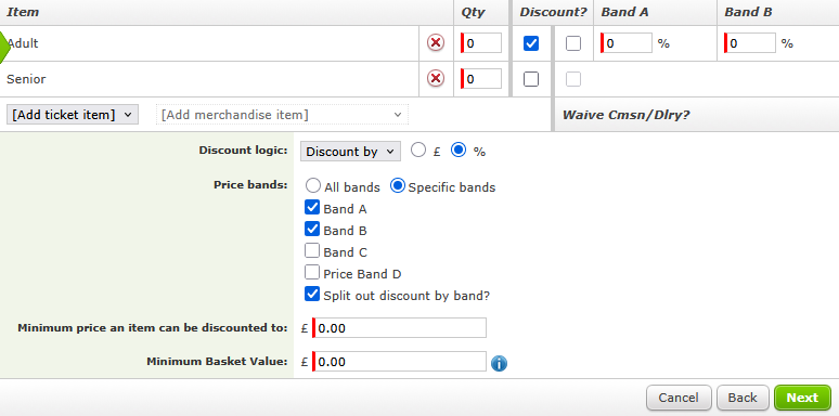 Interface for splitting out discount by specific price bands
