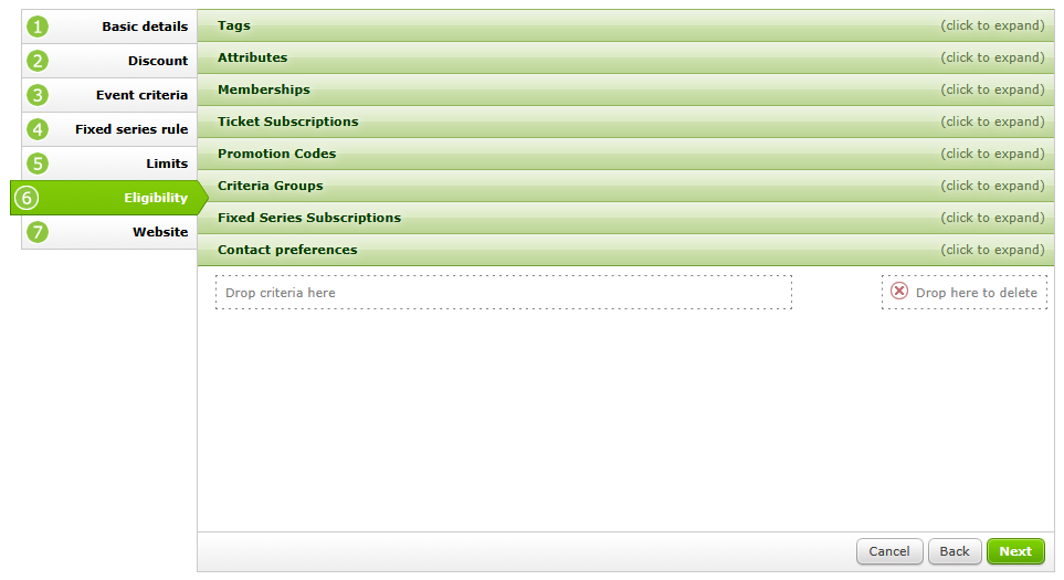 Customer Eligibility Criteria selection screen