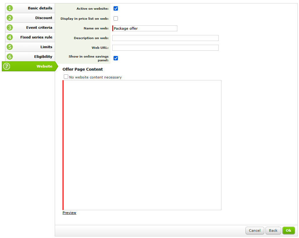 Website display and content settings for the offer