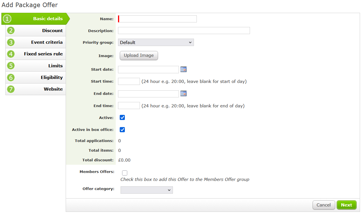 Add Package Offer Basic Details screen