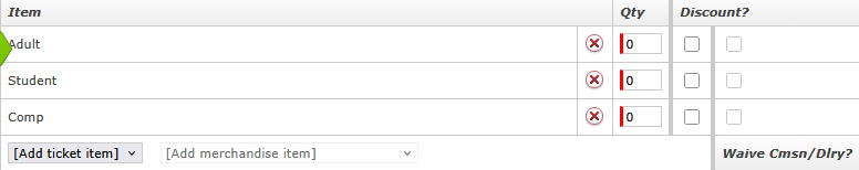 Item quantity and discount checkboxes for specific ticket types