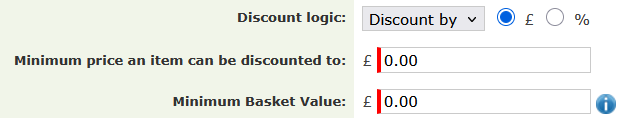 Discount logic, minimum price, and minimum basket value settings