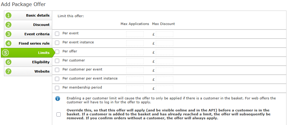 Offer limits configuration interface