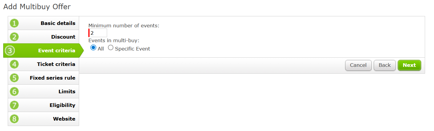 The Event Criteria page of a Multibuy Offer.