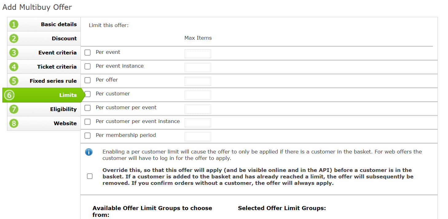 The Limits page of an Multibuy Offer setup.